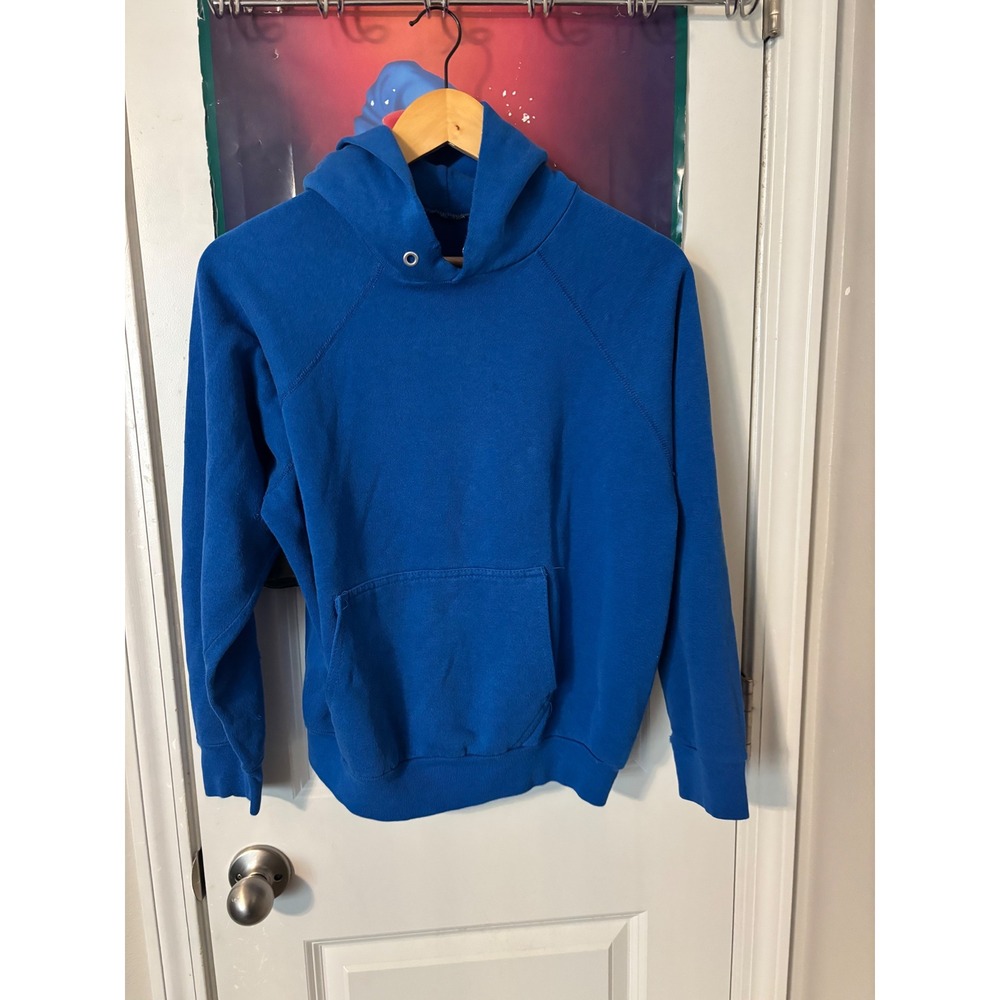 Vintage Royal Blue Raglan Sleeve Hoodie Kangaroo Pocket Sweatshirt 70s blank